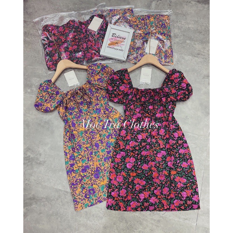 Đầm trễ vai hoa nhí hồng tím dáng ngắn tiểu thư siêu xinh, Váy dự tiệc cổ vuông tay bồng hàng đẹp giá rẻ | BigBuy360 - bigbuy360.vn