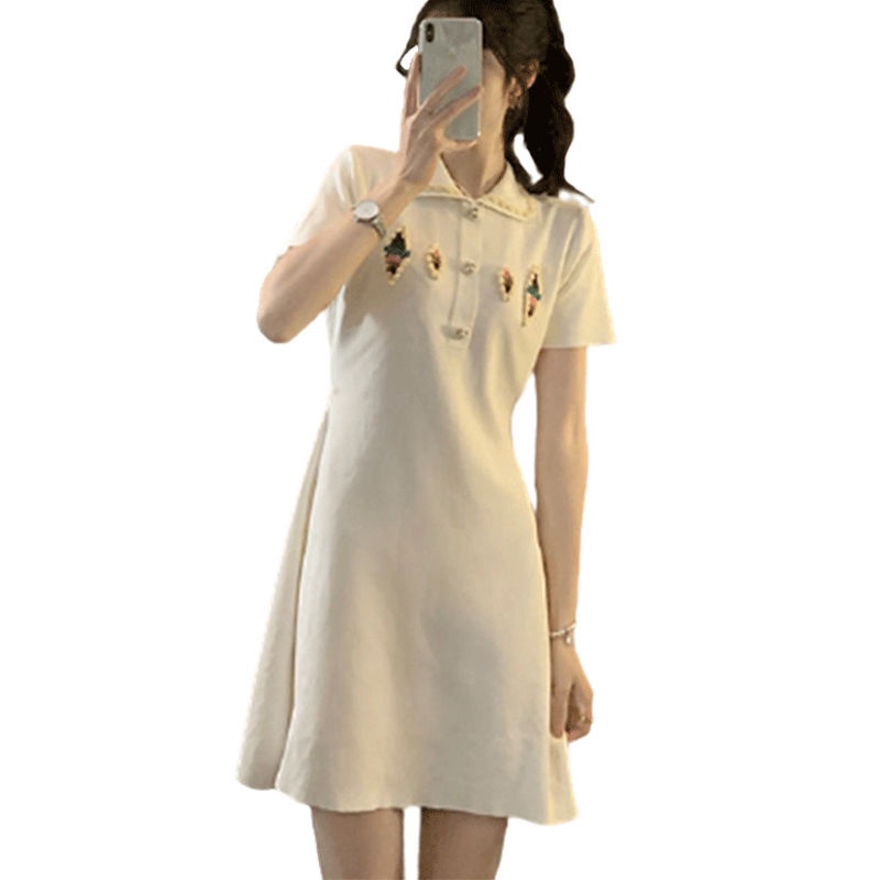 Chic design advanced vintage heavy industry light luxury polo collar knitted jumpsuit dress 2022 women's summer bgSO