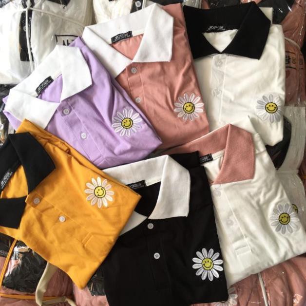 Áo thun nữ áo phông nữ cổ trụ có cổ cổ bẻ polo tay lỡ thêu hoa hướng dương đẹp siêu hot-BT010
