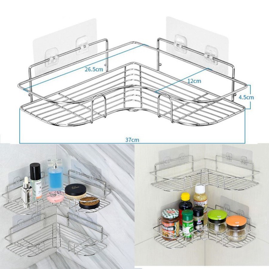 Kệ Góc Dán Tường INOX 304 siêu chắc, giá treo đồ nhà tắm, nhà bếp đa năng - Kèm 2 miếng dán tường