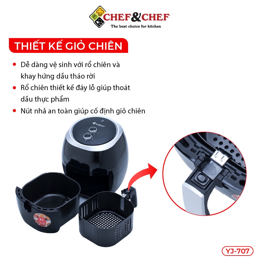 Nồi chiên không dầu CHEF&amp;CHEF 7.7l (YJ – 707) ứng dụng công nghệ Rapid Air đảo nhiệt 360 độ giúp thực phẩm chín đều