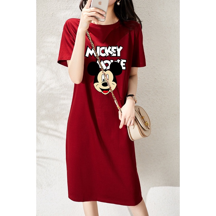 Đầm Thun Tay Ngắn Dáng Rộng Cổ Tròn In Hình Chuột Mickey Thời Trang Mùa Hè Dành Cho Nữ 2022