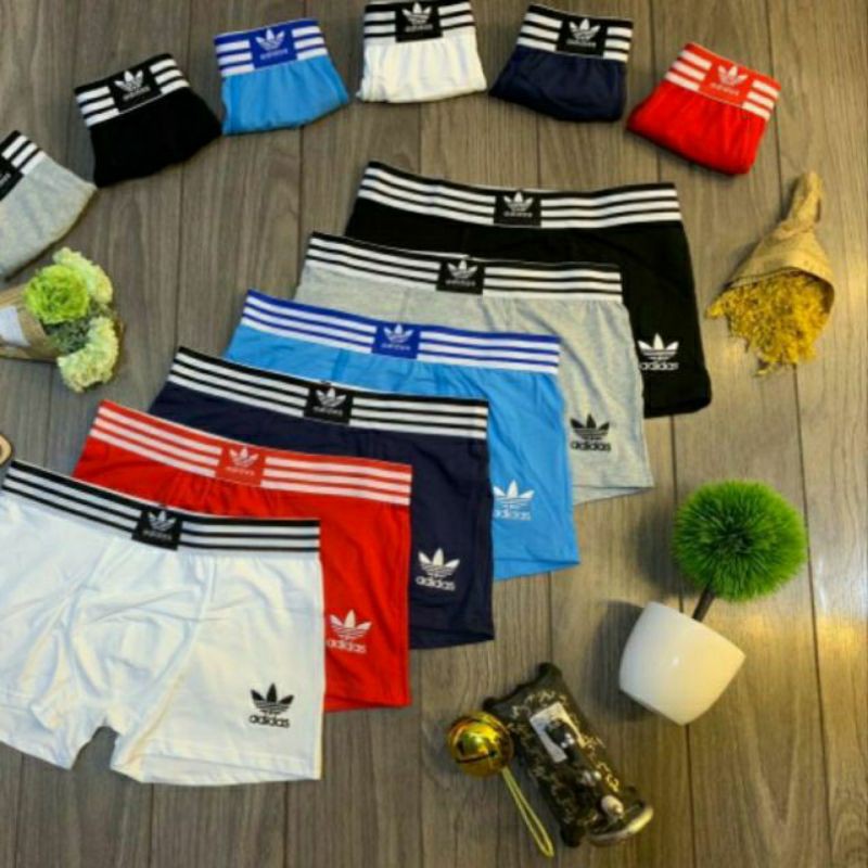 Hộp 3 chiếc quần lót nam boxer dáng đùi thể thao logo thêu 3 lá chất cotton y ảnh.