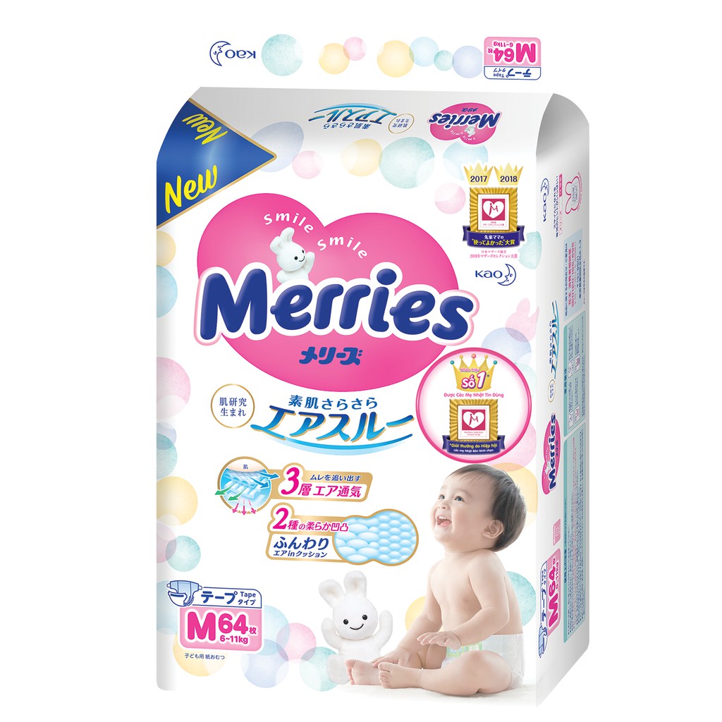 Tã/bỉm dán Merries size M - 64 miếng (Cho bé 6 - 11kg)