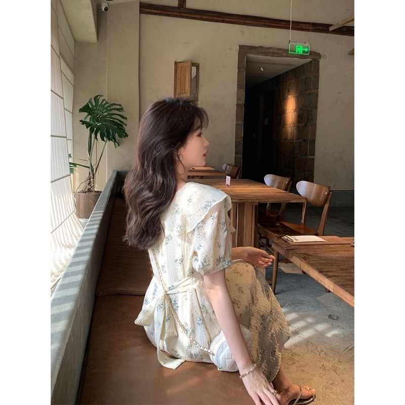 Đầm hoa nhí dáng xoè dài cổ lá sen taobao order