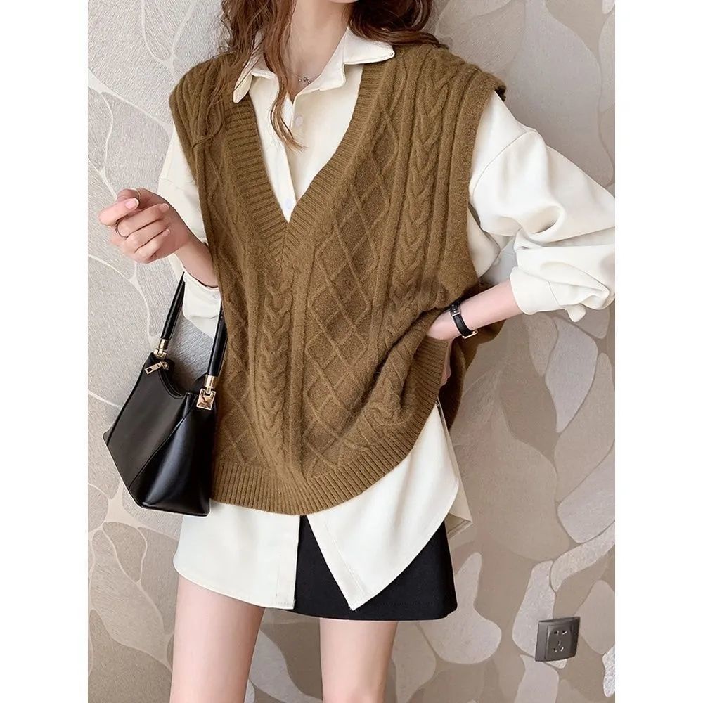 Áo sweater nữ không tay dáng rộng cổ V thiết kế mới thời trang phong cách Hàn Quốc