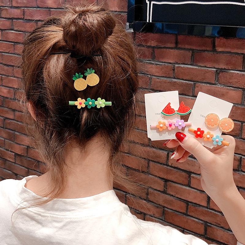 Set 2 Kẹp Tóc Hình Hoa/Trái Cây Màu Sắc Ngọt Ngào Phong Cách Hàn Quốc Cho Bé Gái