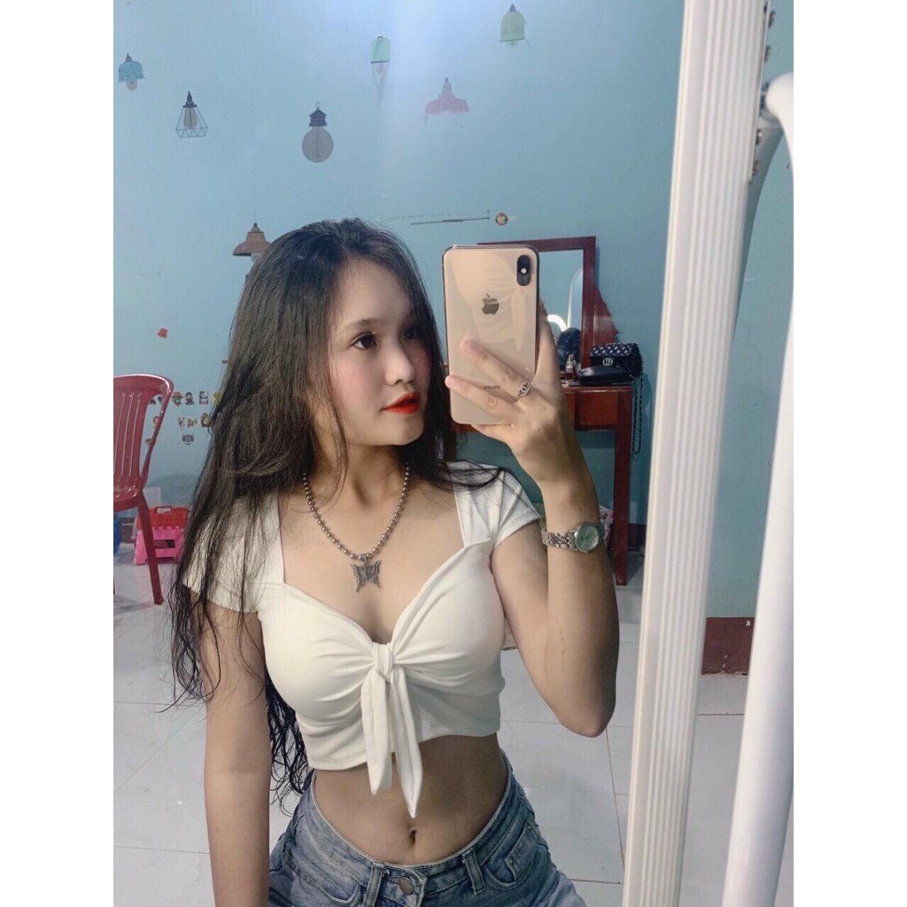 Áo Croptop Body Cổ U Tay Ngắn PINKSTORE29, Thắt Nơ Ngực Xinh Xắn A5016