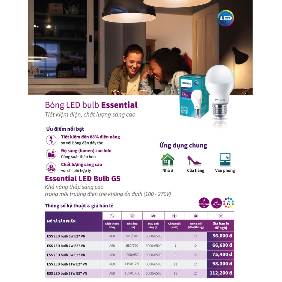 Bóng Philips LED bulb Essential E27 (5W,7W,9W,11W,13W) - ánh sáng trắng, ánh sáng vàng