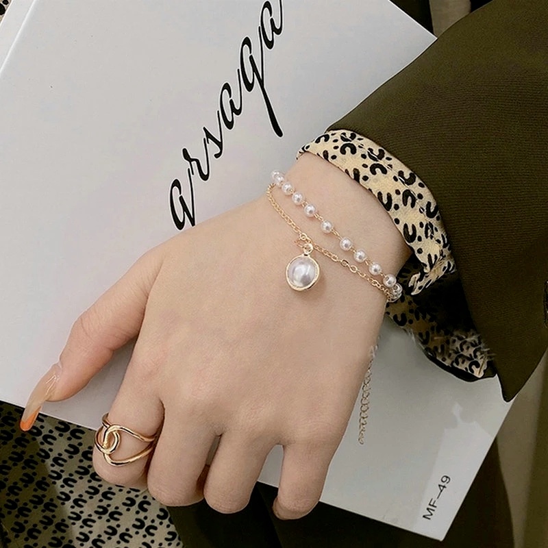 Vòng Tay Hai Lớp Đính Ngọc Trai Nhân Tạo Thời Trang Cho Nữ