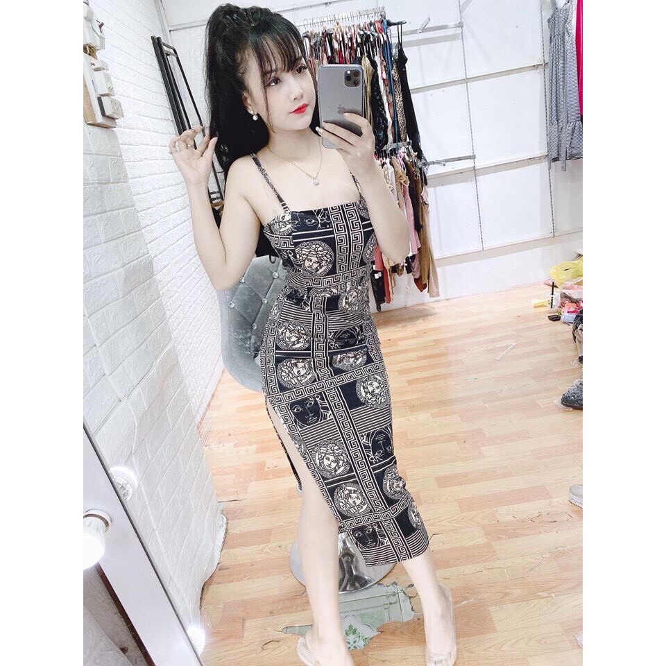 Váy đầm nữ body họa tiết hai dây xẻ tà có kèm mút ngực chất thun mềm mại, co dãn mặc mát và tôn dáng thích hợp đi tiệc