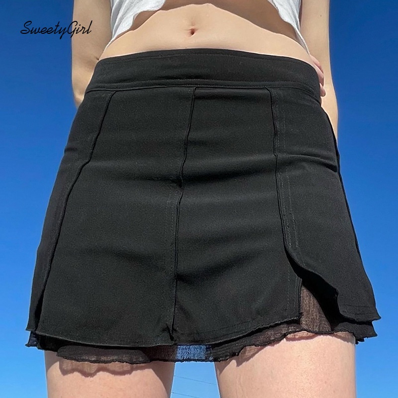 Chân Váy Mini Lưng Thấp Phối Lưới Màu Trơn 2022 Cho Nữ