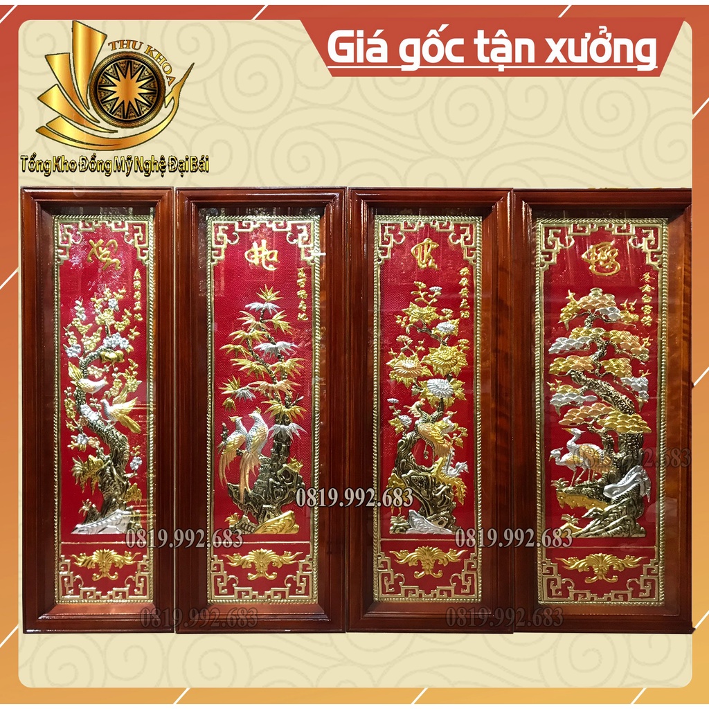 Tranh Tứ Quý Bằng Đồng Mạ Vàng 24K Kèm Đèn Led Gỗ Thịt Chính Hãng Đồ Đồng Đại Bái Bộ Kích Thước Chuẩn Phong Thủy