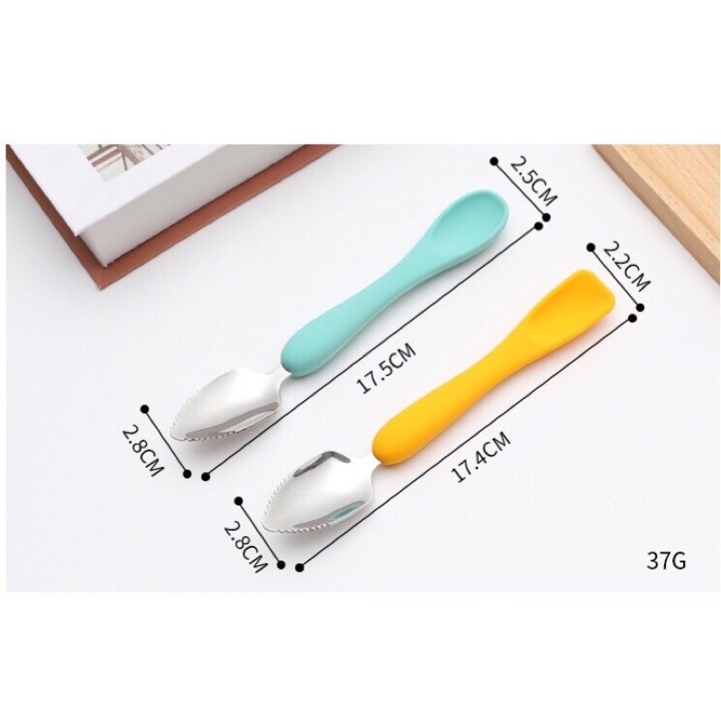 Thìa nạo 2 đầu silicon inox kèm hộp tiện lợi cho bé ăn dặm