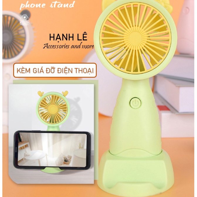 Quạt mini tích điện đeo cổ cầm tay có đế để bàn kèm theo giá đỡ điện thoại và dây đeo, nhỏ gọn dễ thương tai mèo dễ dàng