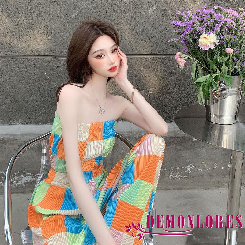 Bộ Trang Phục 2 Mảnh Gồm Áo Không Tay Họa Tiết Kẻ Sọc Nhiều Màu Sắc + Quần Ống Rộng Lưng Cao Co Giãn Dành Cho Nữ