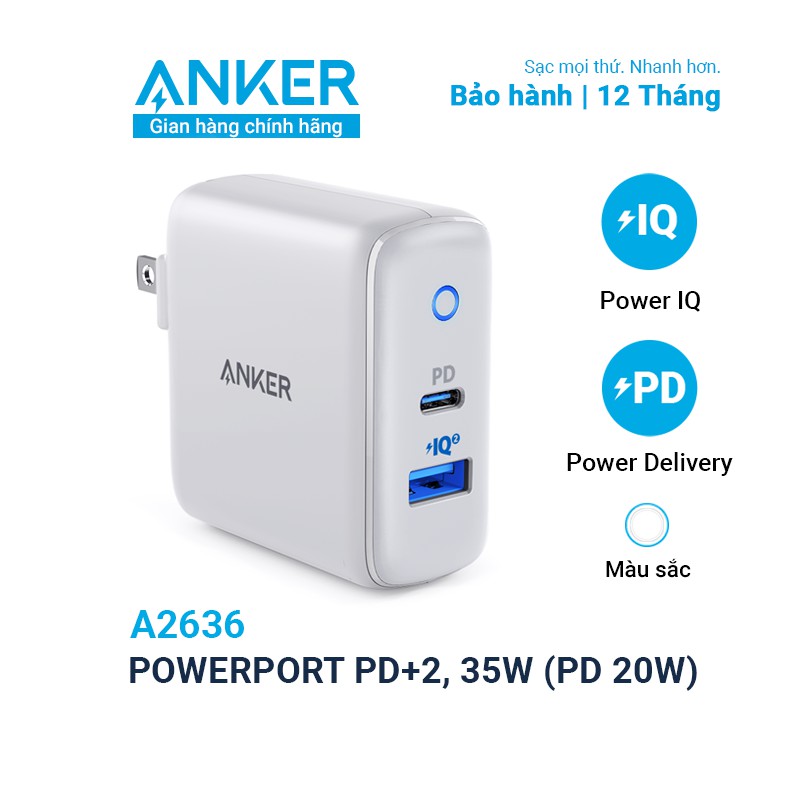 Sạc ANKER PowerPort PD+2 cổng 35w, 1 USB-C PD 20w, 1 PowerIQ 2.0 15w - A2636