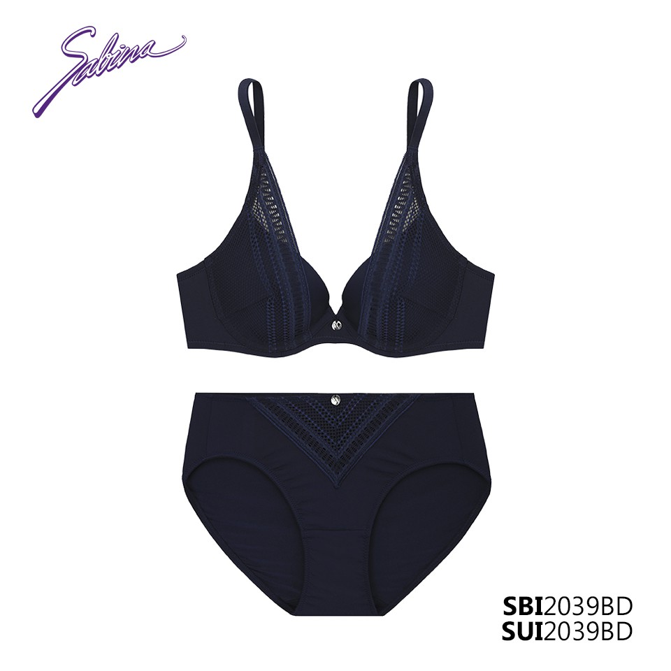 Combo Áo Lót Nâng Ngực Tạo Khe Chữ V Và Quần Đồng Bộ Xanh Dương Phối Ren Mordern V By Sabina SBI2039BD+SUI2039BD