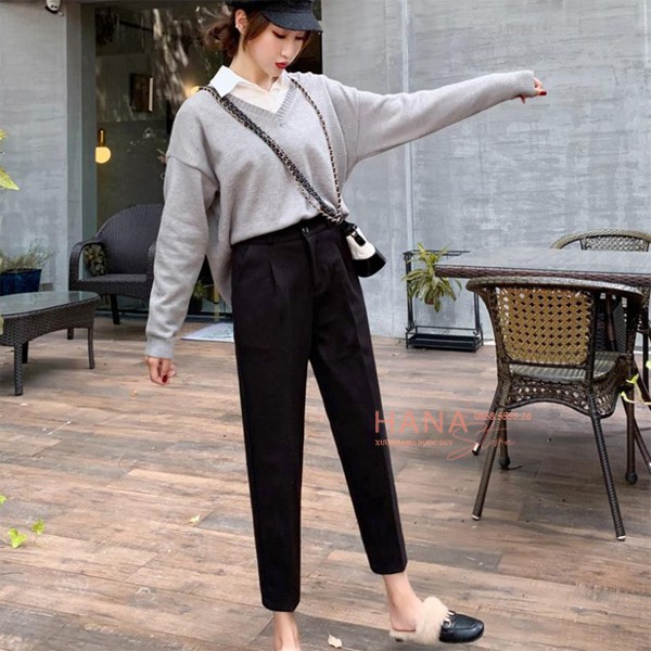 Quần tây baggy nữ đi học cạp lưng cao vải màu đen dáng dài ống thẳng đứng cho học sinh - Mặc đi học đi làm công sở xinh