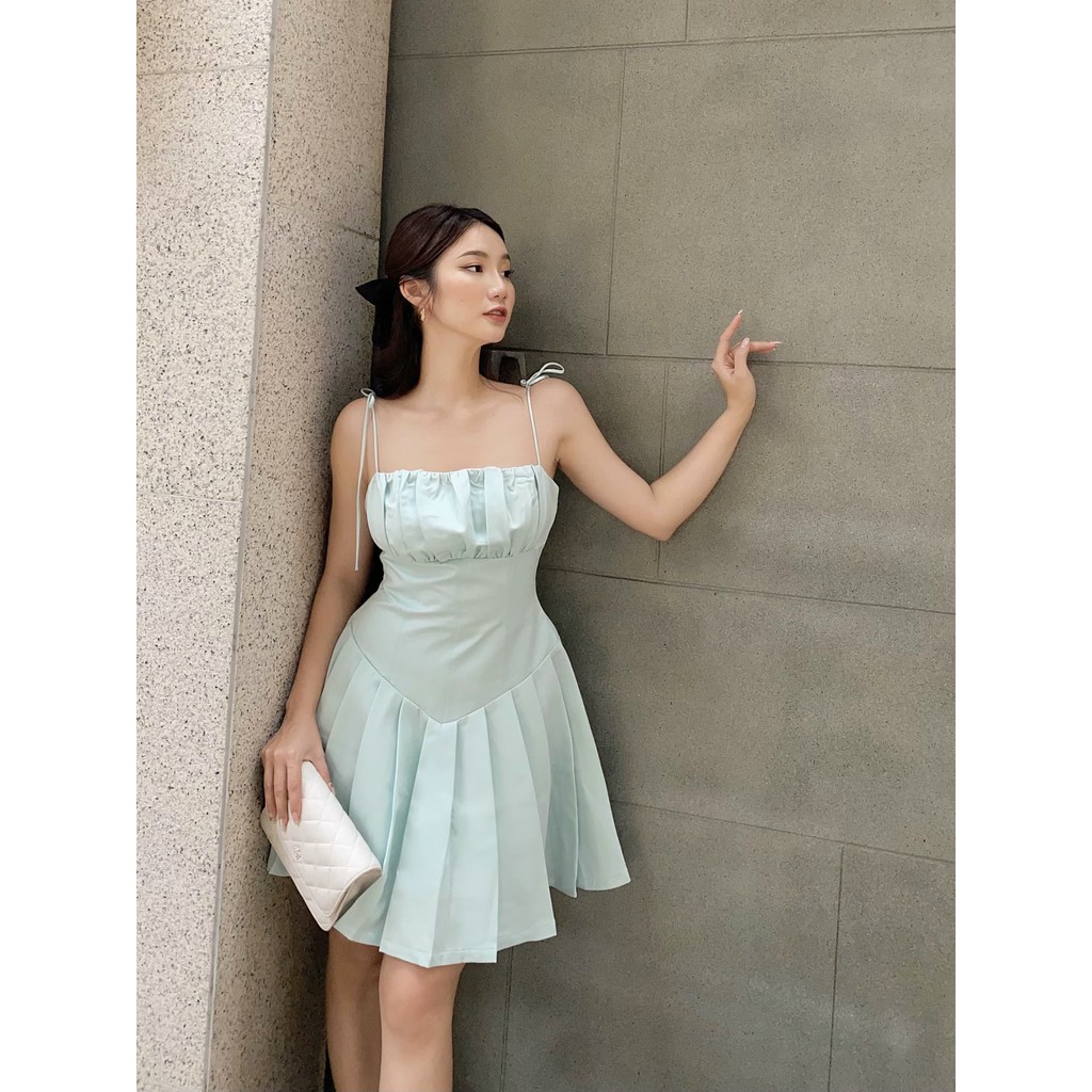 Đầm hai dây RECHIC tùng xòe Ganni màu xanh mint