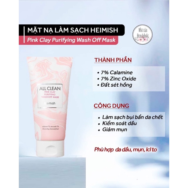 Mặt nạ Heimish All Clean Pink Clay Purifying Wash Off Mask