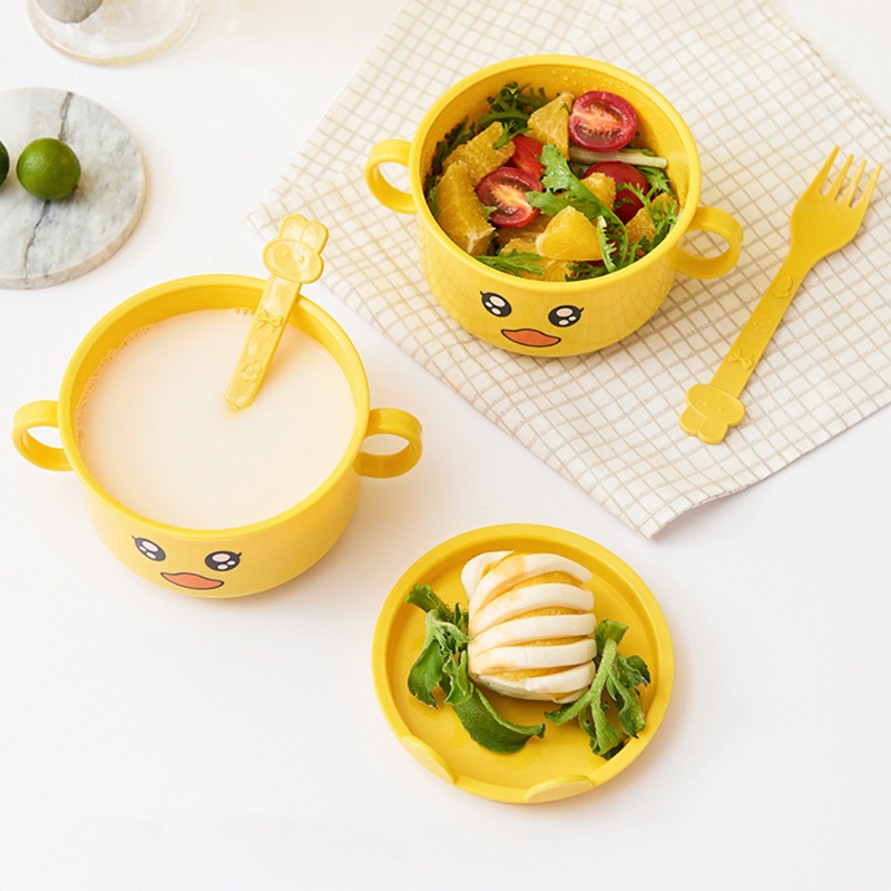 Bộ Tô Muỗng Nĩa Chống Rơi Hình Vịt Hoạt Hình Dễ Thương Cho Trẻ Mẫu Giáo