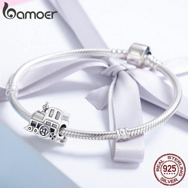 Hạt charm Bamoer SCC507 hình xe lửa độc đáo trang trí đồ trang sức phong cách vintage