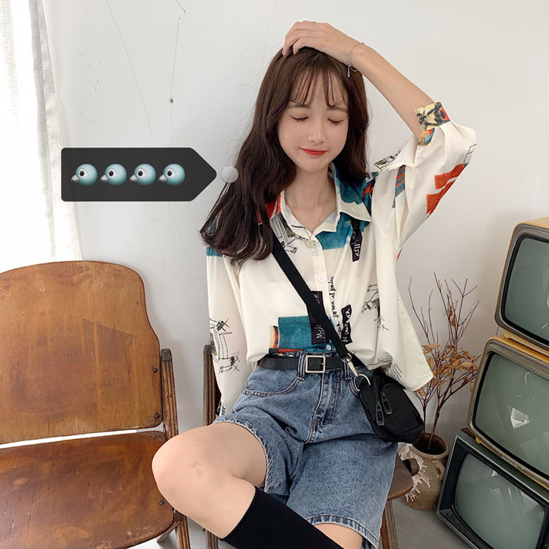 Áo Sơ Mi Tay Dài Form Rộng In Họa Tiết Phong Cách Retro Hàn Quốc