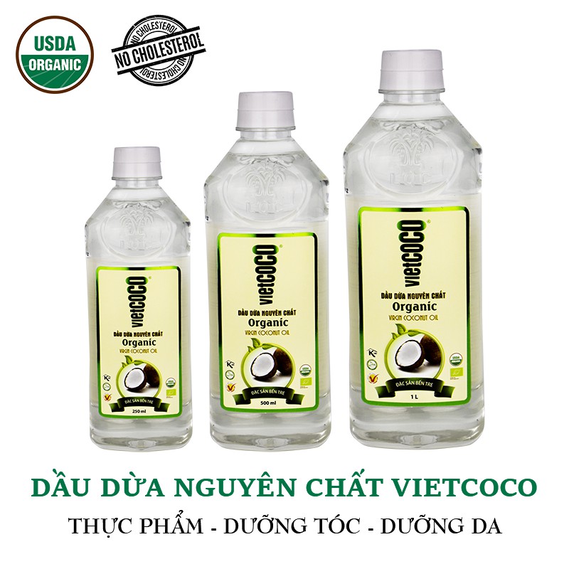 Dầu Dừa Hữu Cơ  Ép Lạnh Nguyên Chất Vietcoco 250ml, 500ml, 1000ml (Chai Pet)