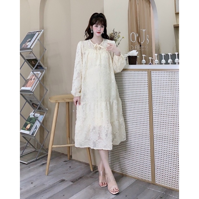 Đầm Bầu Dáng Babydoll Hai Lớp Tay Dài Siêu Xinh