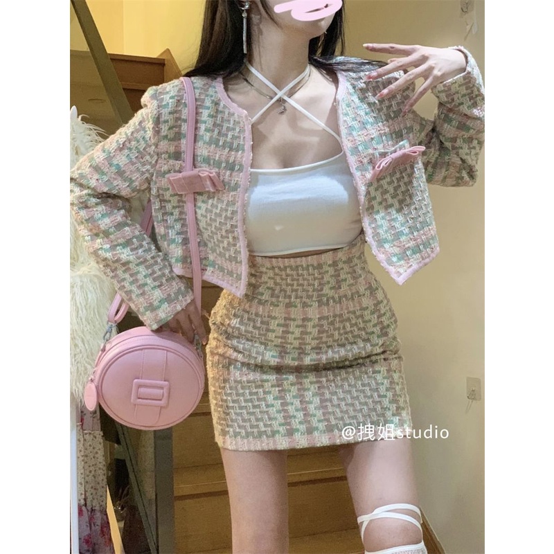 Xiaoxiang Bộ Áo Khoác + Chân Váy Lưng Cao Vải Tweed Màu Hồng Thuần Khiết Phong Cách Mới Mùa Thu Dành Cho Bạn Nữ