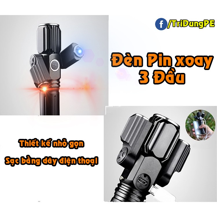 🔦 Đèn Pin 3 Đầu LED Siêu Sáng – Pin Sạc Qua Cổng USB 🔥