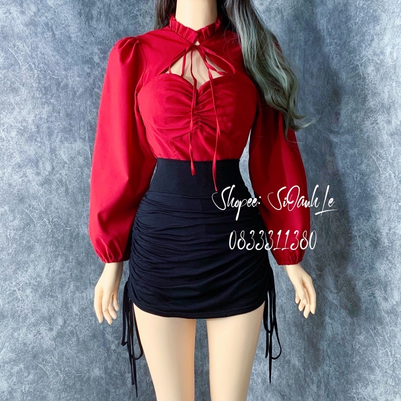Áo tiểu thư croptop tay phồng phối bèo thắt nơ cổ A57