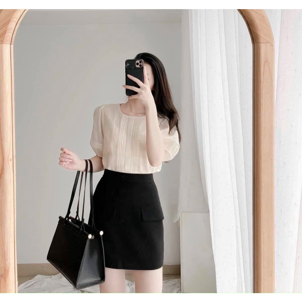 Áo sơ mi công sở nữ - áo sơ mi tơ nến tay bồng xếp ly nếp nhỏ thân trước 2 lớp
