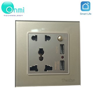 Bán sỉ - Ổ cắm đôi 3 chấu tích hợp cổng USB + Nút nguồn điện mặt kính cường lực hàng Tenko - ONMI.VN chính hãng.