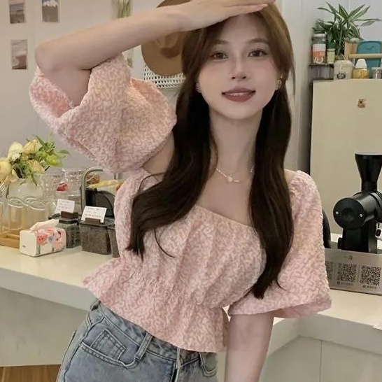Áo Kiểu Tay Phồng Trễ Vai Màu Hồng Thời Trang Mùa Hè Phong Cách Hàn Quốc Cho Nữ