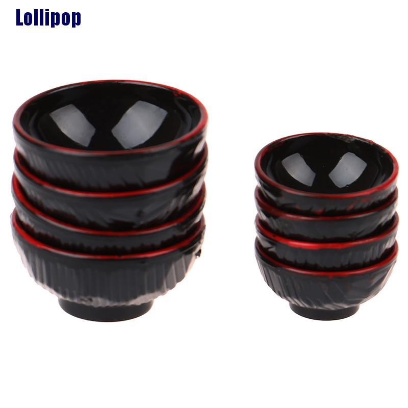 Set 4 mô hình bát bằng nhựa màu đen trang trí nhà búp bê tỉ lệ 1:12
