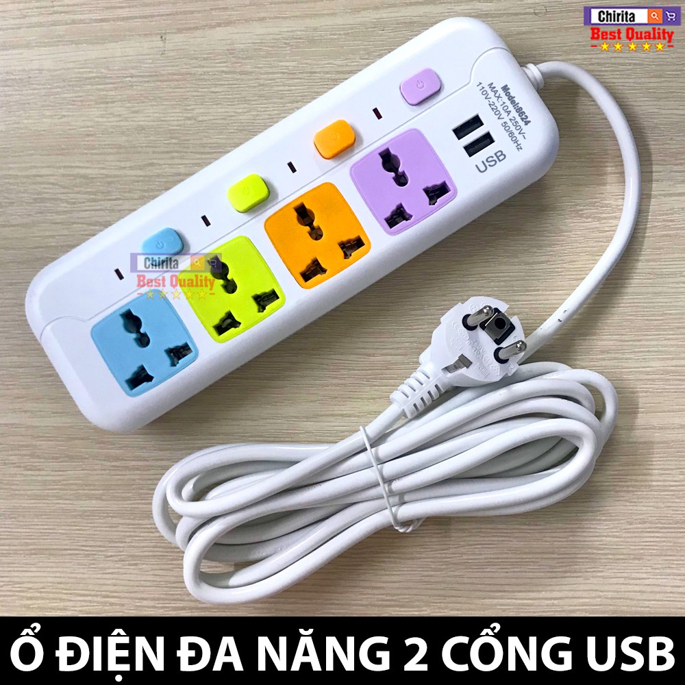 (NEW) (CHÍNH HÃNG) Ổ ĐIỆN ĐA NĂNG T8624 CÓ 4 Ổ CẮM - 4 CÔNG TẮC - 2 CỔNG USB CÔNG SUẤT 2500W (SHOP YÊU THÍCH)