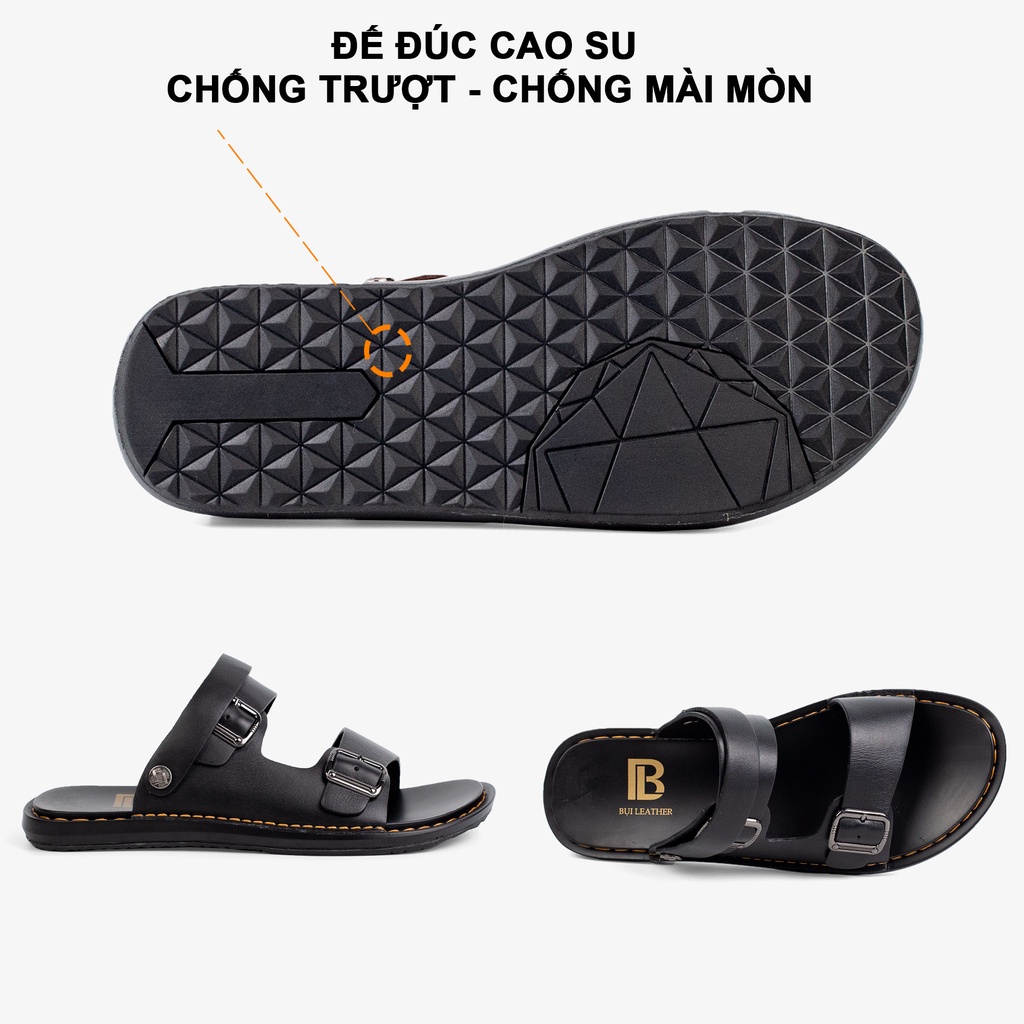 Dép nam quai ngang da bò Nappa cao cấp Bụi Leather E101, đế đúc nguyên khối khâu viền thủ công đi êm chân, BH 12 Tháng