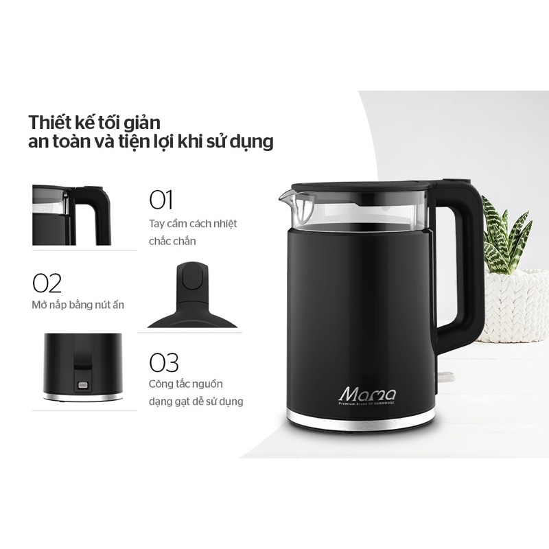 Ấm siêu tốc thuỷ tinh 1,7L Sunhouse mama SHD1330 bảo hành chính hãng 24 tháng
