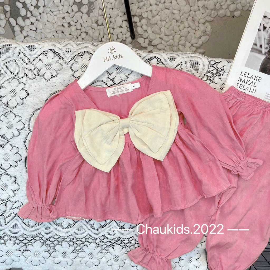 Bộ thu đông nơ ngực bé gái, set bộ đũi dài tay dáng babydoll nơ ngực siêu cưng cho bé