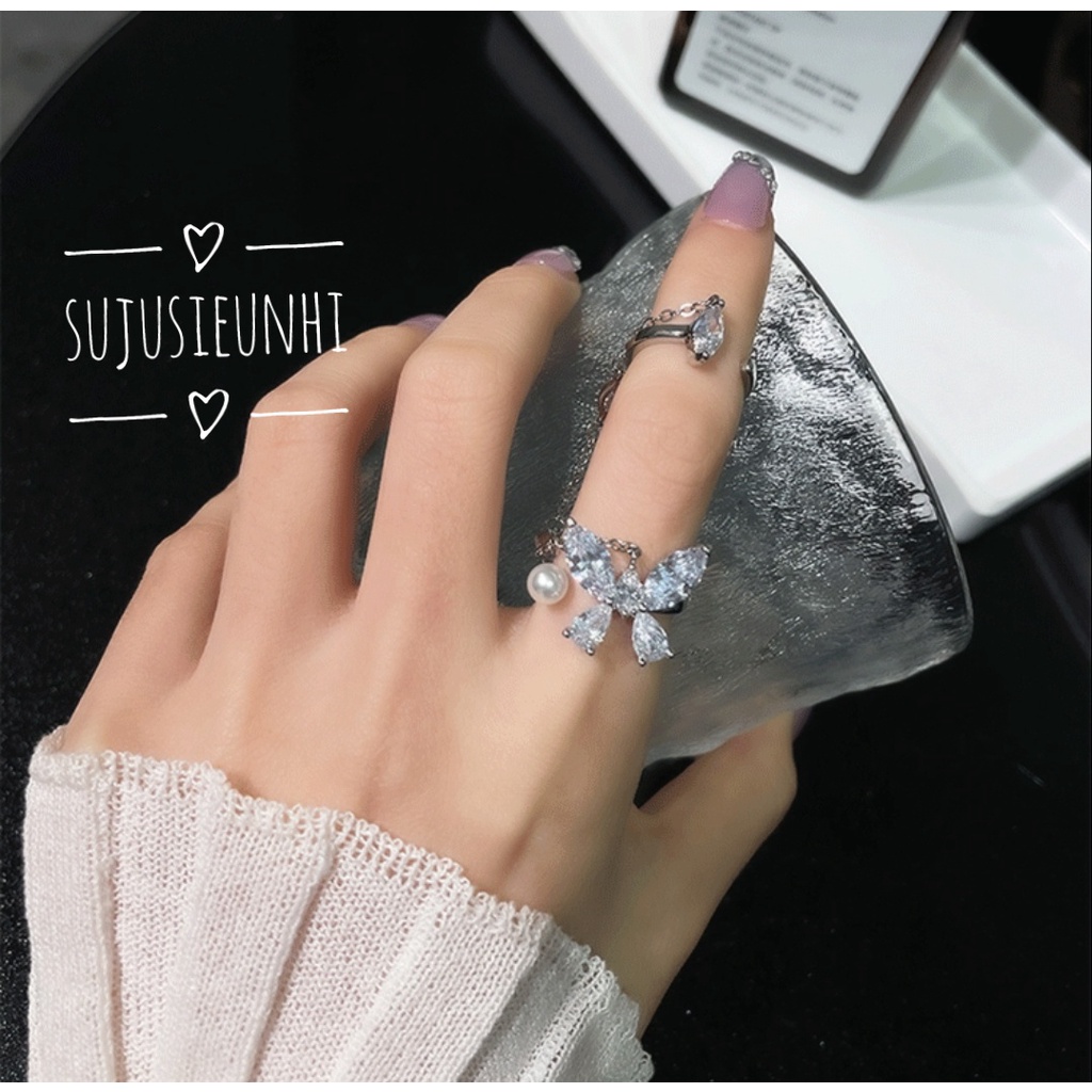 Set 2 nhẫn dây liền đính đá và ngọc nhân tạo hình bướm sang chảnh