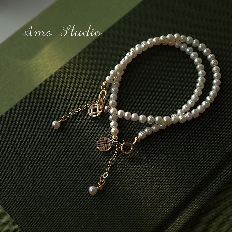 Vòng tay may mắn đính hạt ngọc trai phong cách Trung Hoa cổ điển cho nữ 2022