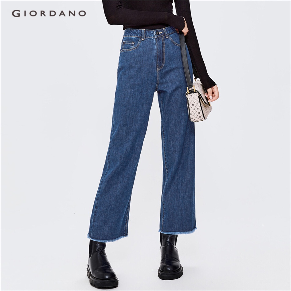 Quần denim GIORDANO 13422150 dài đến mắt cá chân cạp cao vừa mép thô cho nữ