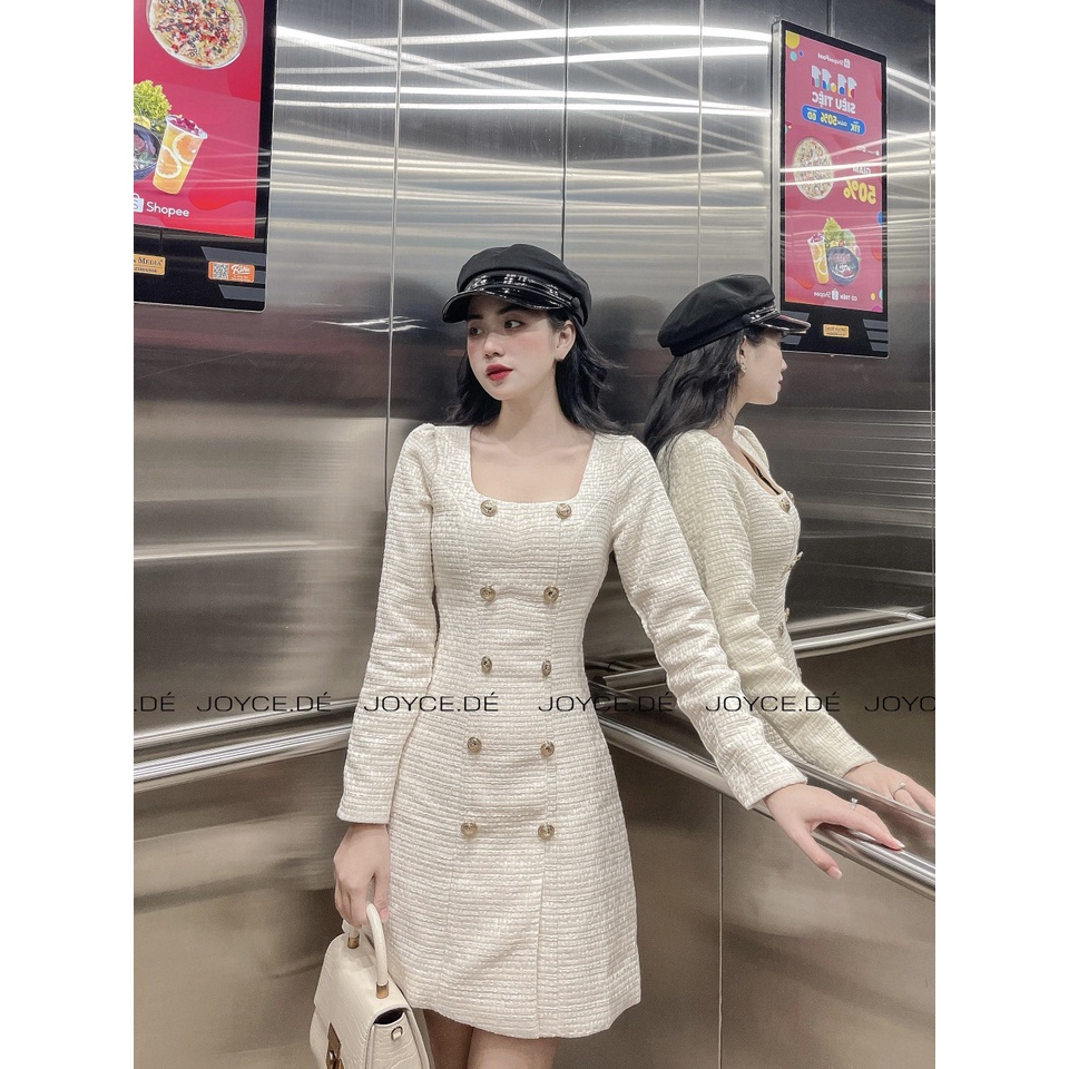 Váy dạ Tweed trắng cổ trễ siêu dễ thương