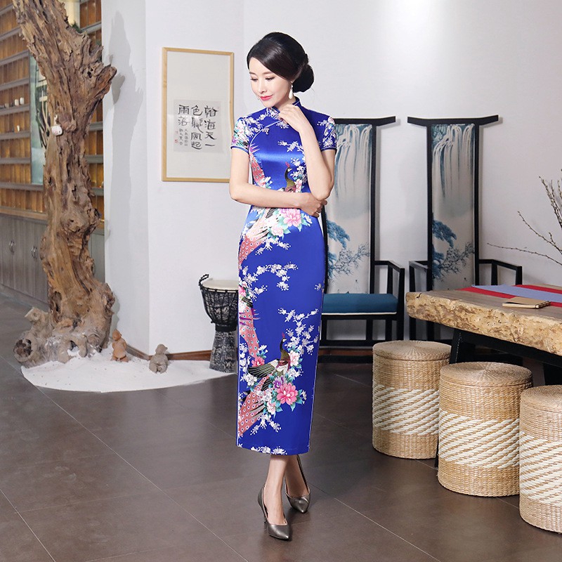 Chinese National Spring Cheongsam Long Dress Peacock Floral Vintage Silk Women Dresses | WebRaoVat - webraovat.net.vn