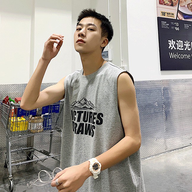 Áo thun thể thao sát nách in chữ trẻ trung cho nam