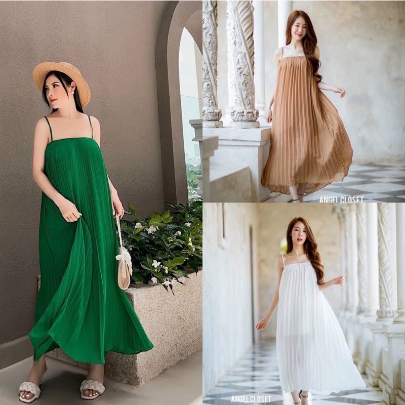 Đầm suông hai dây dáng dài xếp ly, đầm bầu, đầm maxi