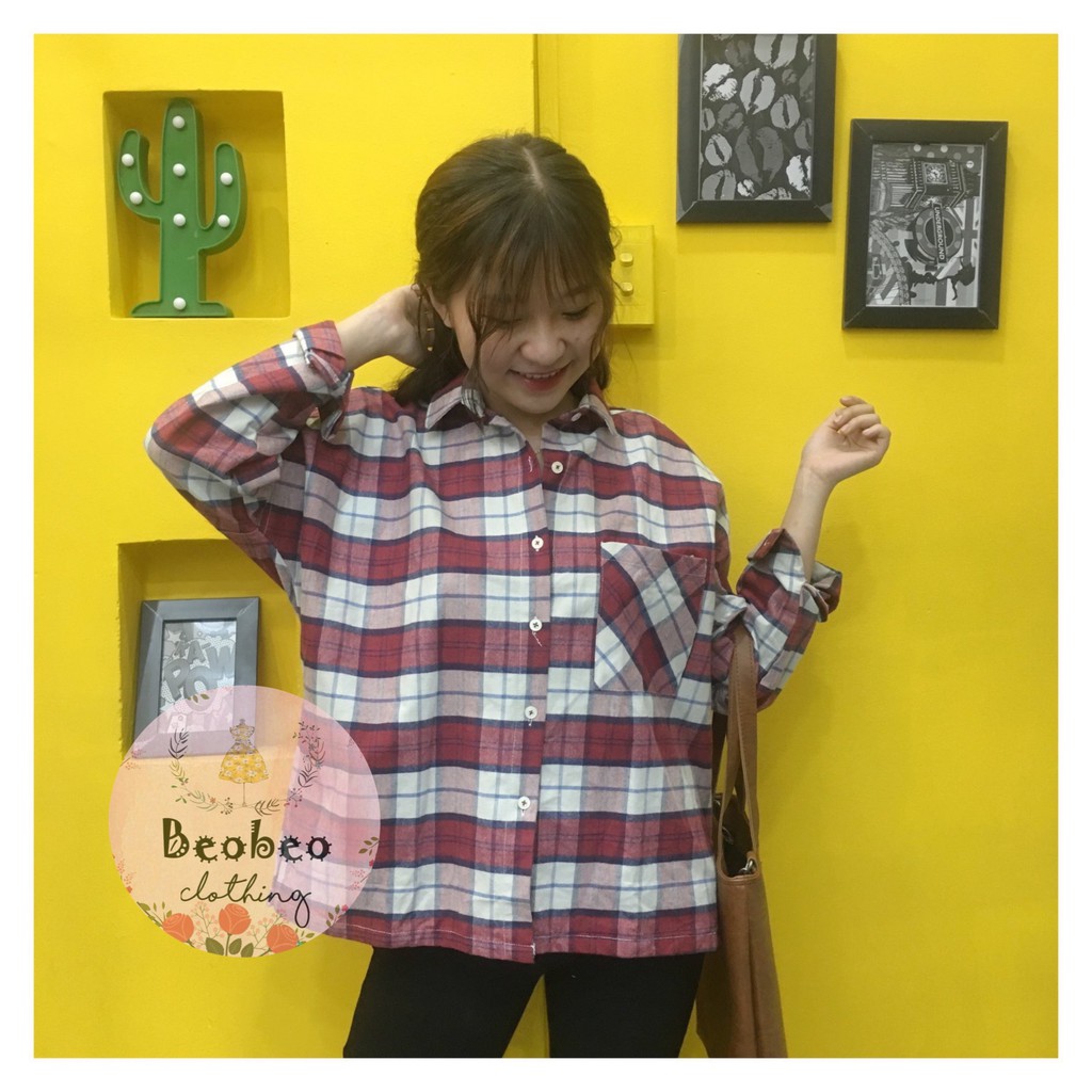 Áo sơ mi oversize sọc caro hồng có túi ulzzang