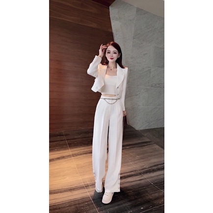 Áo khoác vest croptop mix quần ống suông trendy cao cấp GG